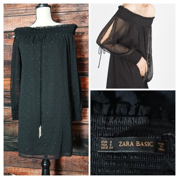 NWT Zara Dress Small Black Swiss Dot Off Shoulder Slit Sleeve Sheer Tassel Shift - Picture 1 of 11